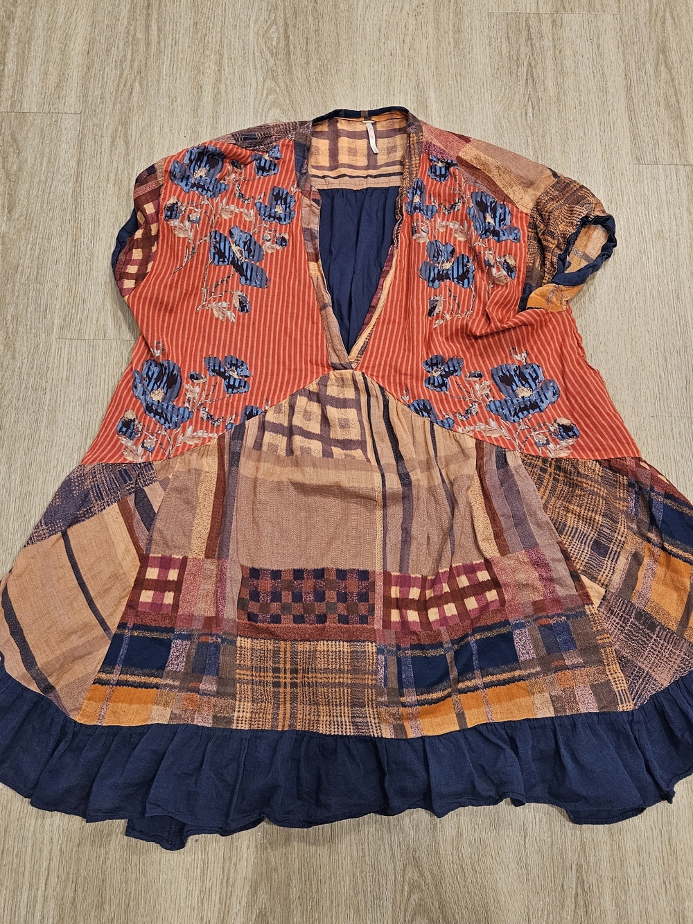 Free People Mixed Print Plaid Floral Patchwork Tiered Mini Dress Tunic Medium